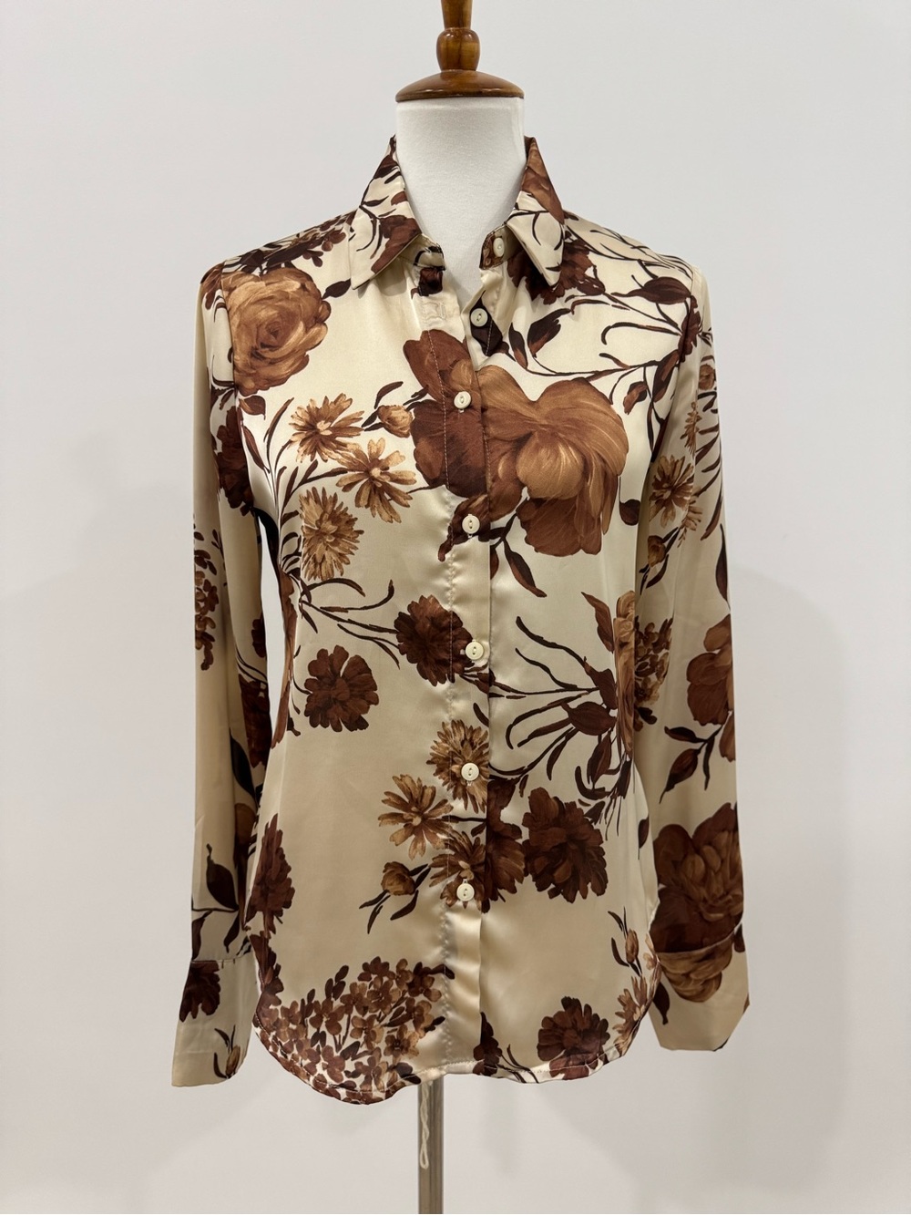 Olivaceous Button-Up Blouse with Brown Floral Print